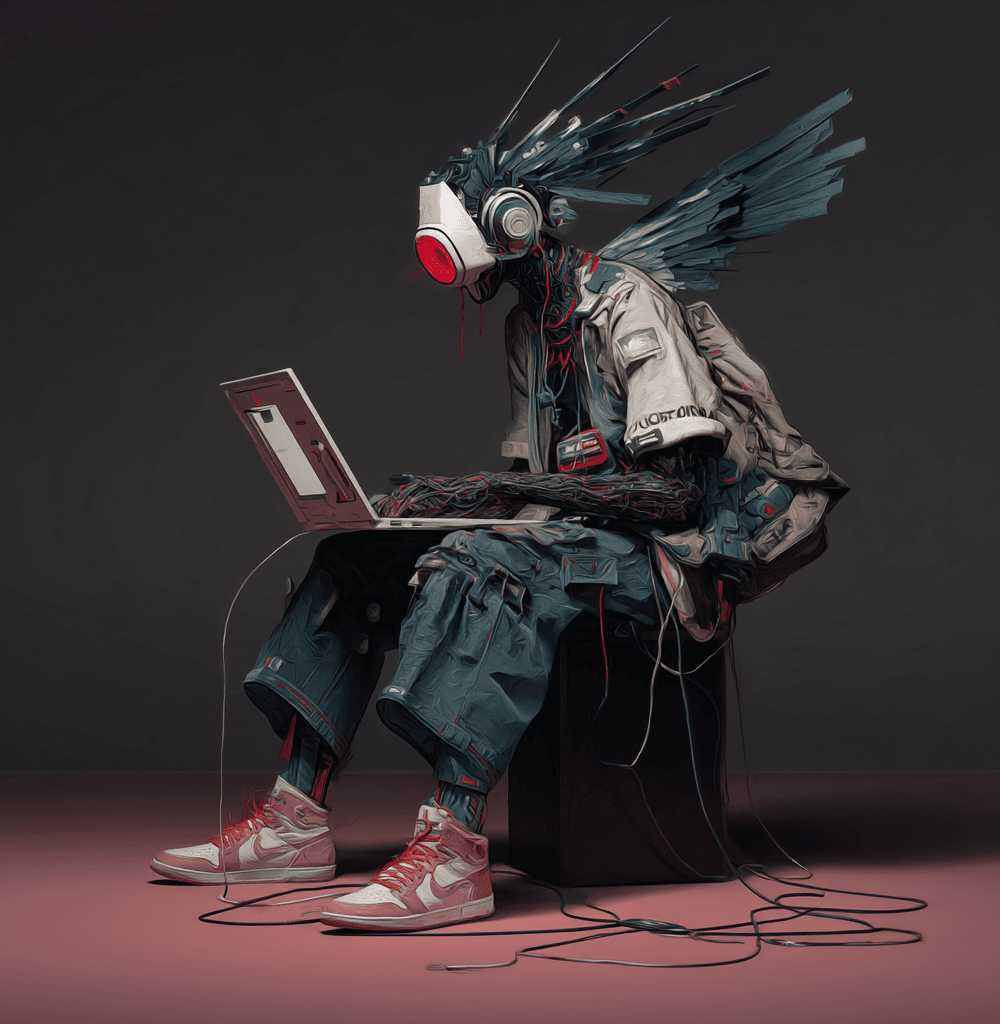 ilustración futurista de un humanoide cibernético con auriculares y alas mecánicas utilizando un portátil, rodeado de cables, en un entorno tecnológico minimalistaPortátiles de última generación 2024 con pantallas vibrantes y diseños futuristas en una mesa iluminada