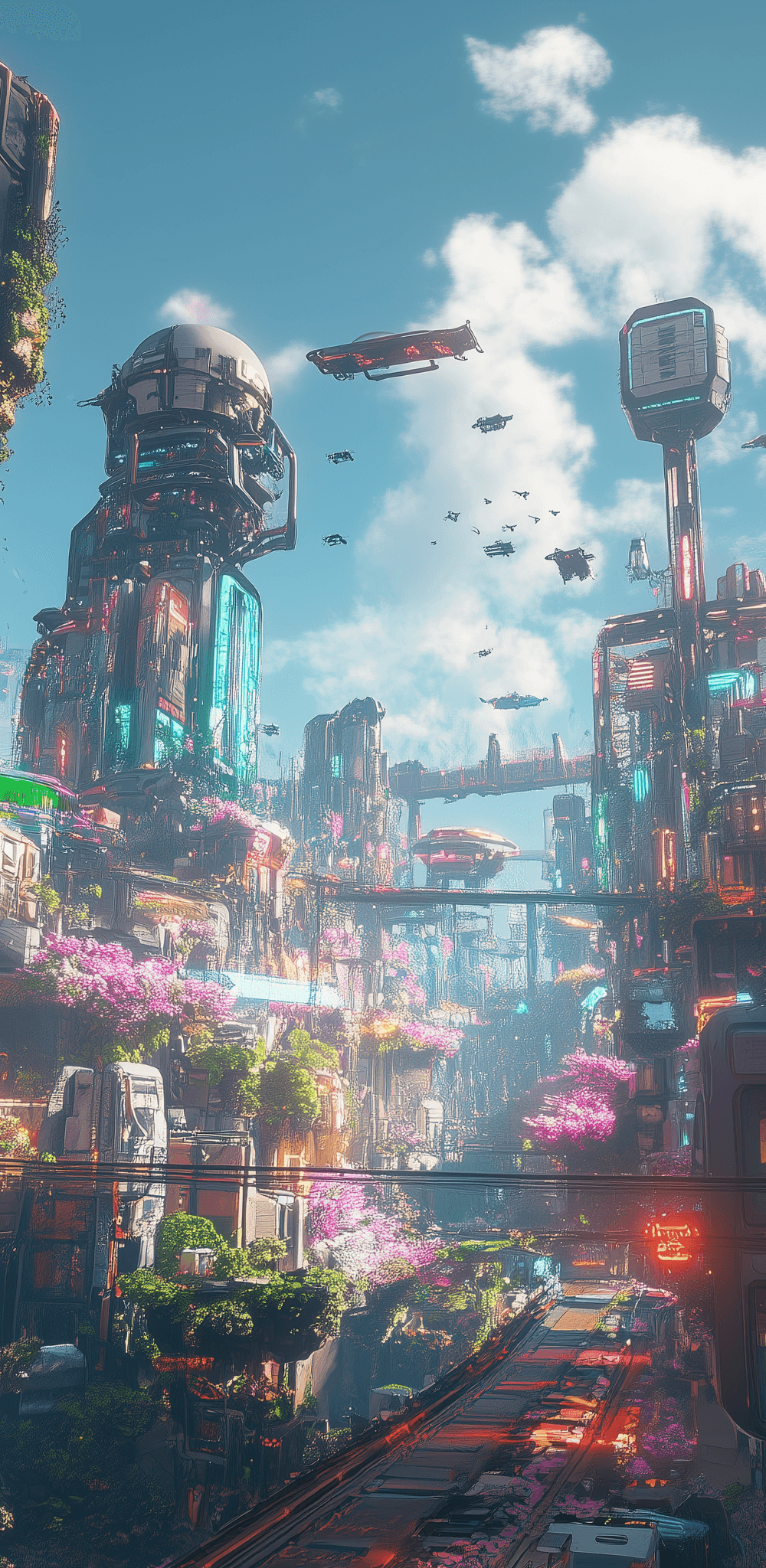 Ciudad futurista con arquitectura moderna y vehículos voladores, rodeada de naturaleza con árboles de cerezo y vegetación. Edificios altos con luces de neón y puentes elevados, en un paisaje tecnológico inspirado en videojuegos de PS5Ciudad futurista con arquitectura moderna y vehículos voladores, rodeada de naturaleza con árboles de cerezo y vegetación. Edificios altos con luces de neón y puentes elevados, en un paisaje tecnológico inspirado en videojuegos de PS5