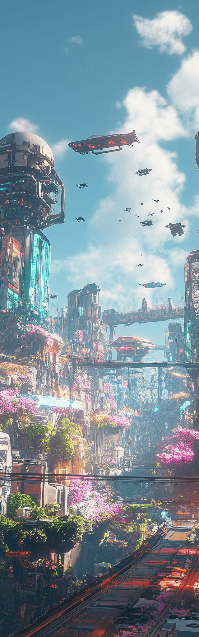 Ciudad futurista con arquitectura moderna y vehículos voladores, rodeada de naturaleza con árboles de cerezo y vegetación. Edificios altos con luces de neón y puentes elevados, en un paisaje tecnológico inspirado en videojuegos de PS5Ciudad futurista con arquitectura moderna y vehículos voladores, rodeada de naturaleza con árboles de cerezo y vegetación. Edificios altos con luces de neón y puentes elevados, en un paisaje tecnológico inspirado en videojuegos de PS5