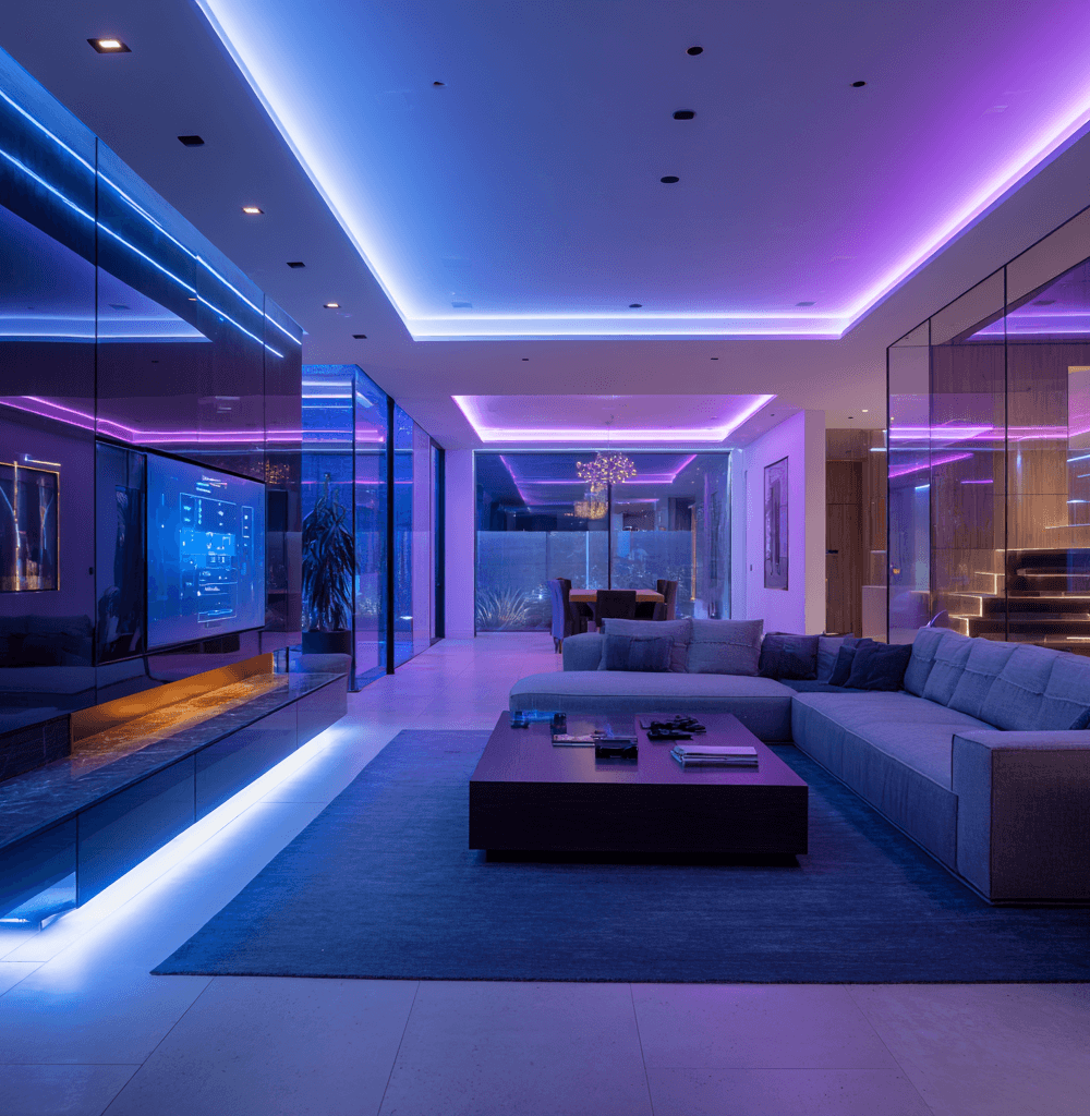 Sala moderna con luces inteligentes LED coloridas