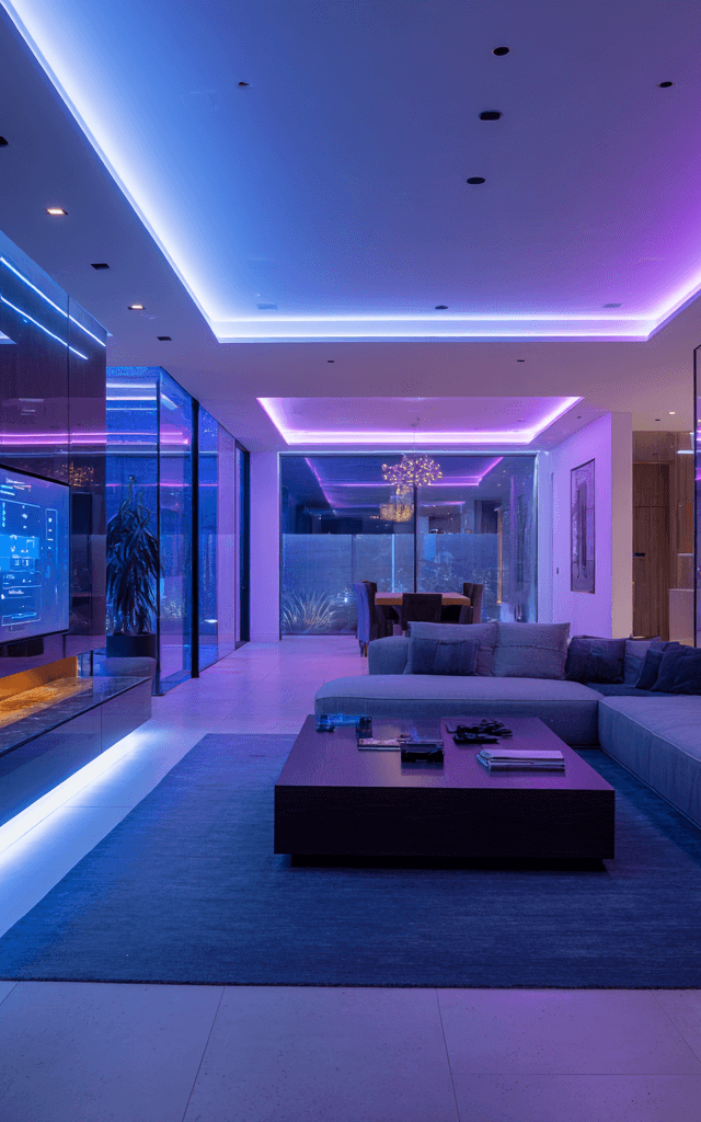 Sala moderna con luces inteligentes LED coloridas
