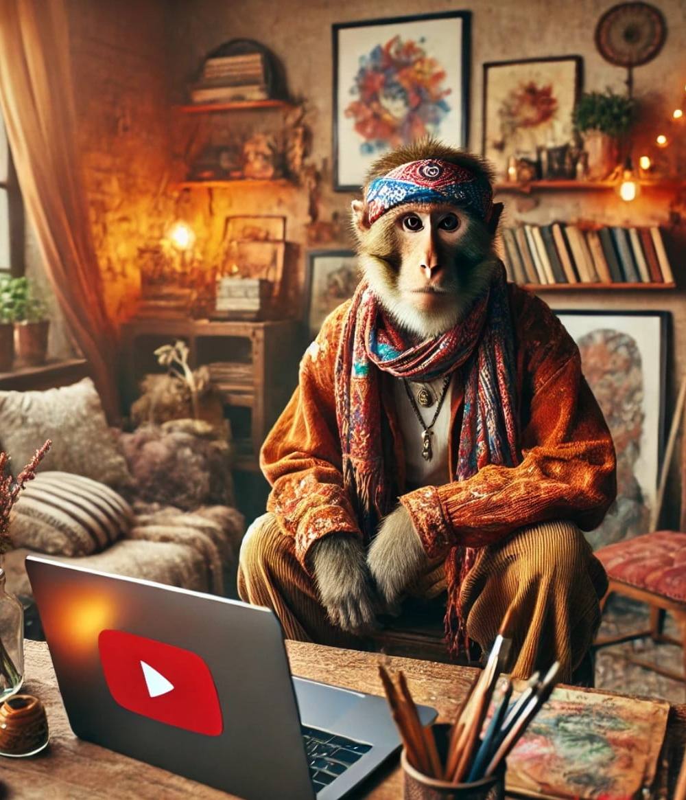Mono youtuber de estilo bohemio, con una bufanda colorida en un entorno acogedor y artístico. Rodeado de libros, plantas, y una laptop vintage con el logo de YouTube, el mono trabaja en un espacio decorado con luces cálidas y arte abstracto, reflejando un ambiente creativo y relajado