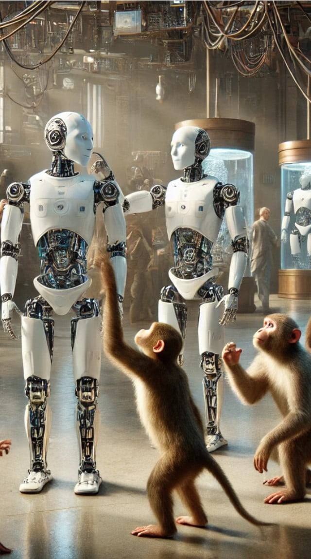 monos observando robots humanoides en un laboratorio futurista