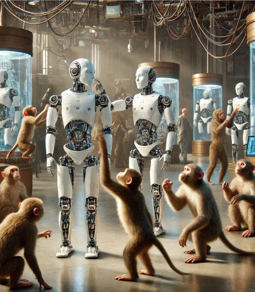 monos observando robots humanoides en un laboratorio futurista