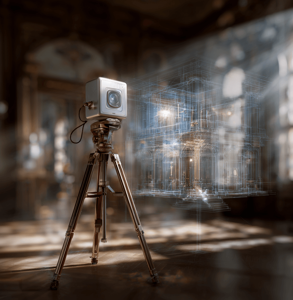 Matterport Pro2 3D Camera escaneando un interior arquitectónico con proyección digital del espacio en 3D
