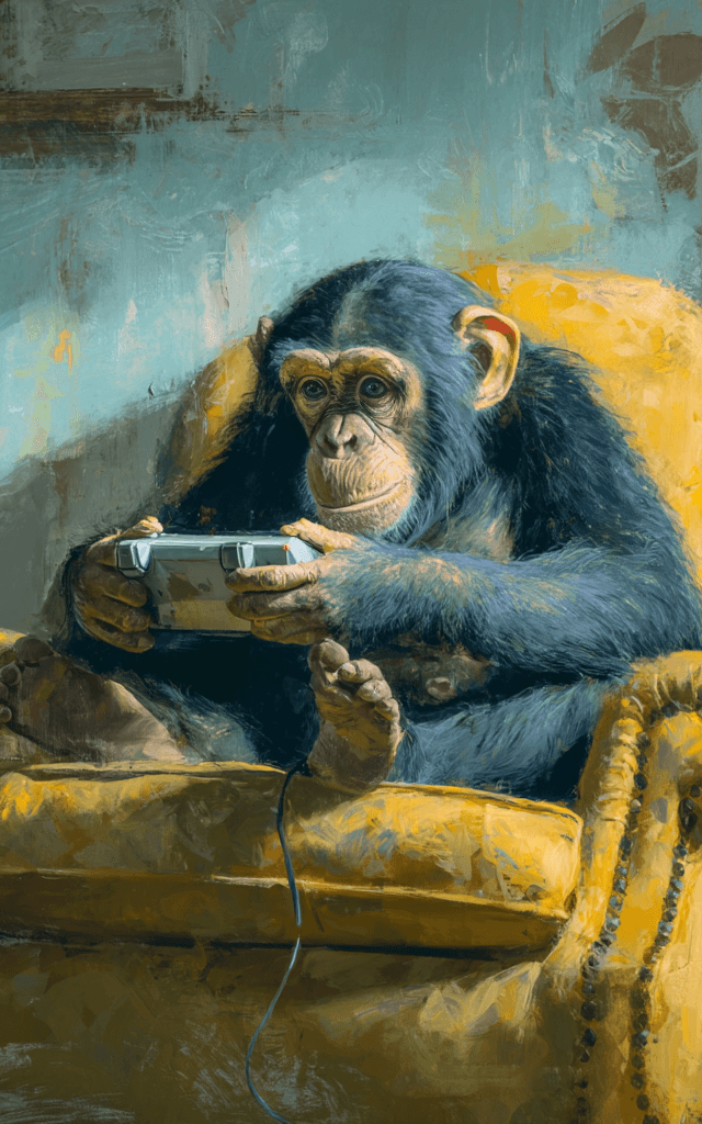 Un chimpancé sentado en un sillón amarillo jugando con una videoconsola, en una escena pintada con estilo artísticoConsola portátil gaming futurista con diseño transparente, luces LED rojas y azules, y pantalla encendida mostrando una interfaz de videojuego moderna, estilo cyberpunk