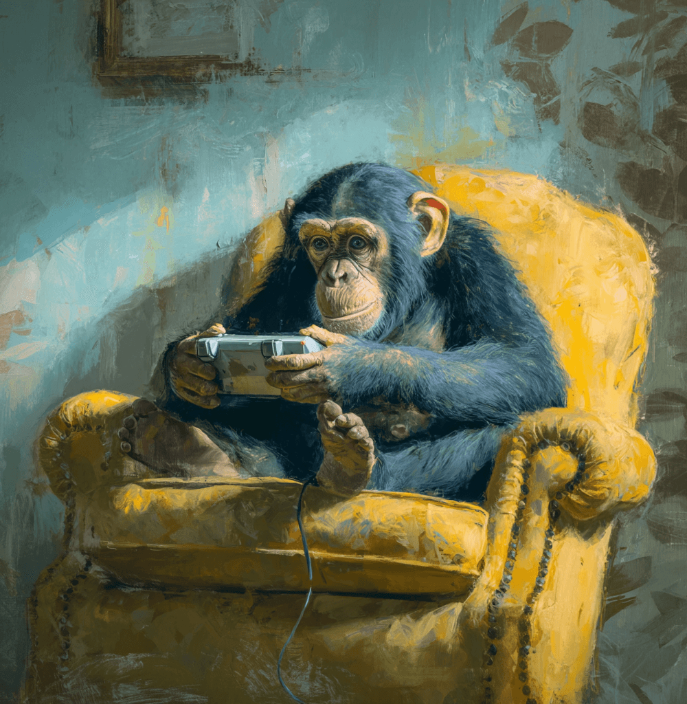 Un chimpancé sentado en un sillón amarillo jugando con una videoconsola, en una escena pintada con estilo artísticoConsola portátil gaming futurista con diseño transparente, luces LED rojas y azules, y pantalla encendida mostrando una interfaz de videojuego moderna, estilo cyberpunk
