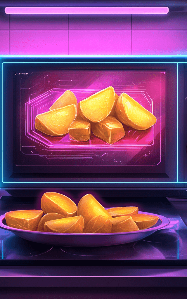 Patatas doradas cocinadas en una de las mejores freidoras de aire con diseño futurista y tecnología avanzada, en una cocina con luces neón