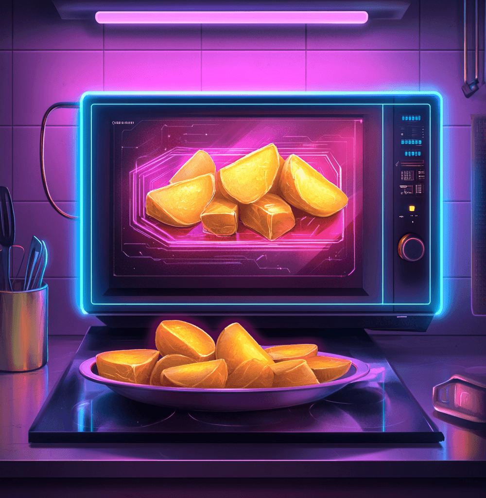 Patatas doradas cocinadas en una de las mejores freidoras de aire con diseño futurista y tecnología avanzada, en una cocina con luces neón