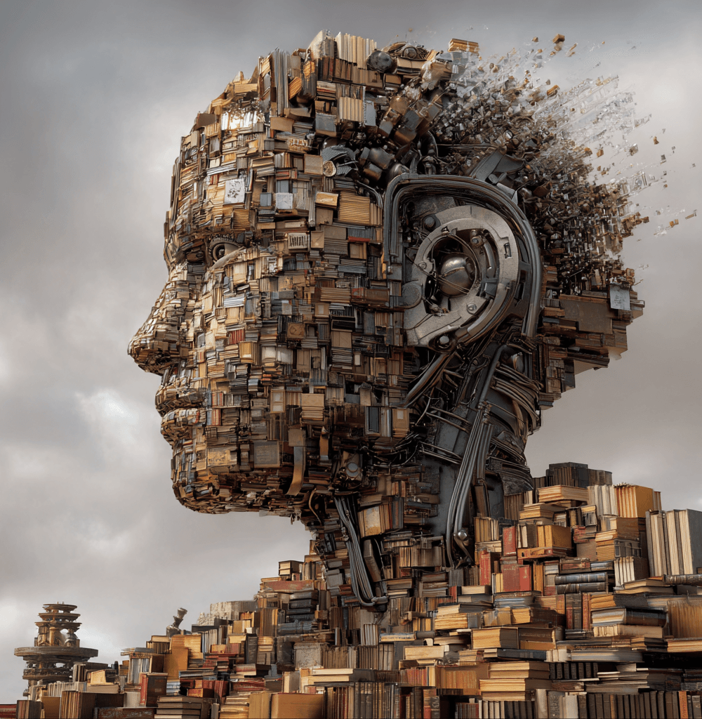 scultura futurista en forma de cabeza humana compuesta por cientos de libros apilados y elementos mecánicos, representando la inteligencia artificial construida sobre conocimiento; ideal para ilustrar los mejores libros de inteligencia artificiallibros sobre inteligencia artificial