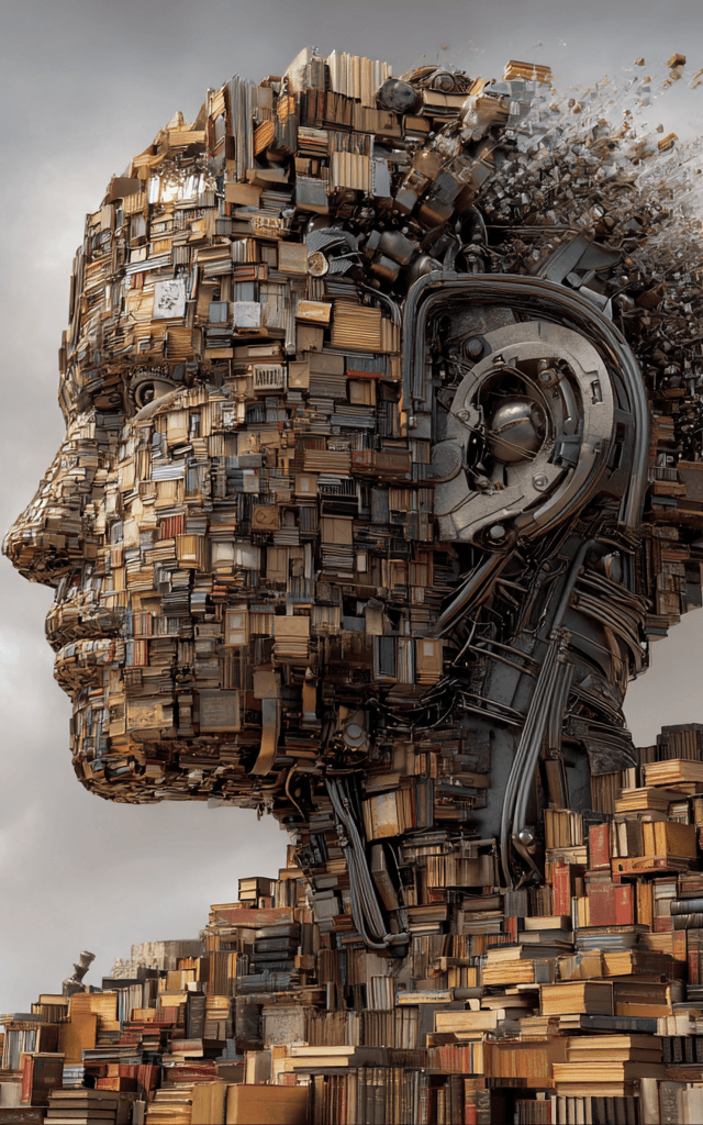 scultura futurista en forma de cabeza humana compuesta por cientos de libros apilados y elementos mecánicos, representando la inteligencia artificial construida sobre conocimiento; ideal para ilustrar los mejores libros de inteligencia artificiallibros sobre inteligencia artificial