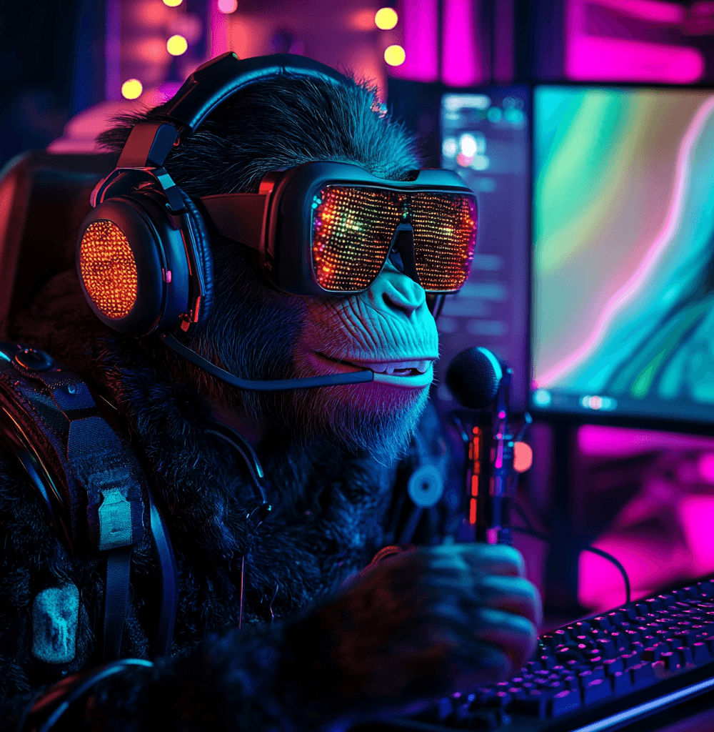 Chimpancé gamer con gafas LED y auriculares, hablando por un micrófono en un setup de streaming con luces RGB y pantallas futuristas