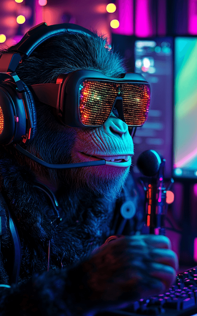 Chimpancé gamer con gafas LED y auriculares, hablando por un micrófono en un setup de streaming con luces RGB y pantallas futuristas