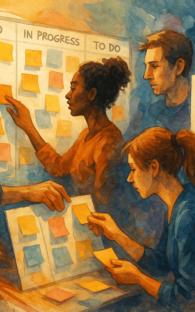 Equipo colaborando con metodologías ágiles frente a un tablero Kanban
