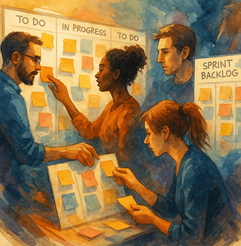 Equipo colaborando con metodologías ágiles frente a un tablero Kanban