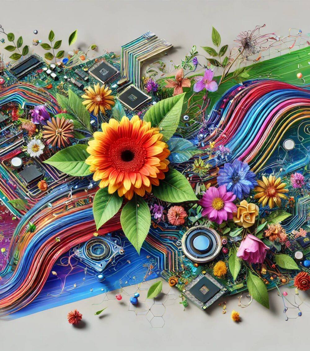 Imagen vibrante y detallada que combina tecnología avanzada y un tema floral, incluyendo elementos como circuitos, flujos de datos o dispositivos futuristas entrelazados con flores coloridas, hojas y elementos naturales. El diseño armoniza tecnología y naturaleza, adecuado para ilustrar un artículo sobre Florence-2, un avanzado modelo de visión-lenguaje de Microsoft