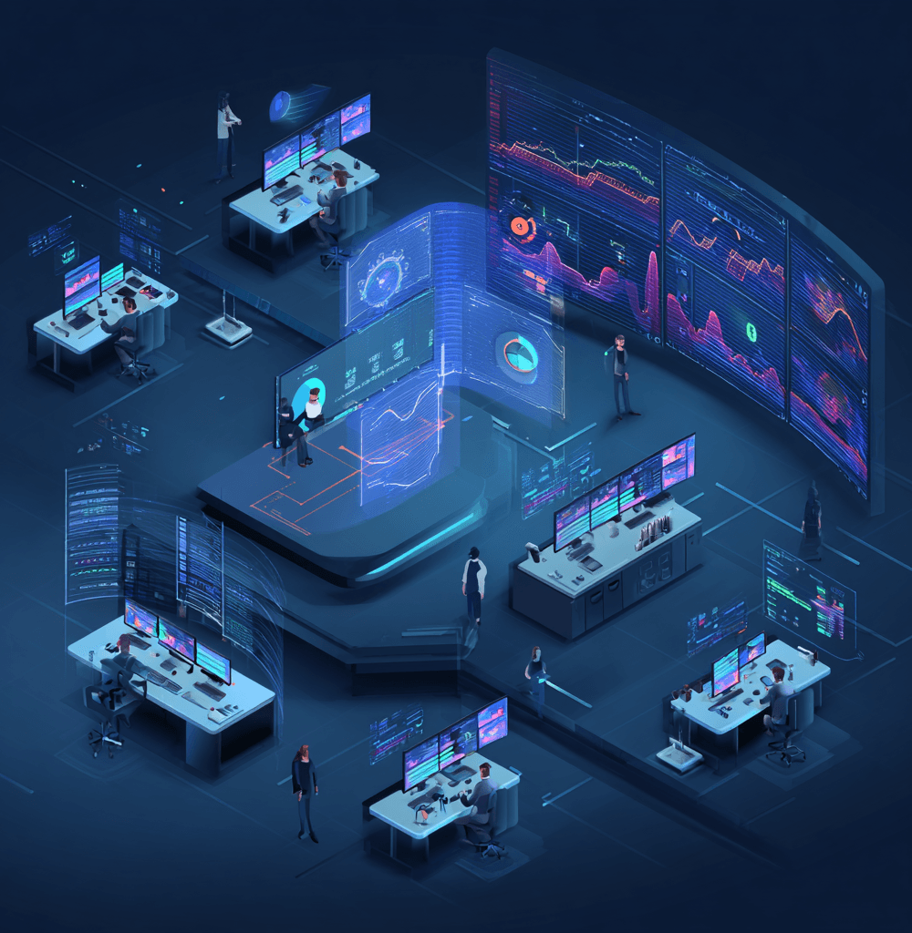 Centro de operaciones futurista con ingenieros supervisando paneles holográficos de datos y modelos de IA en tiempo real, representando la implementación de MLOps en entornos empresariales