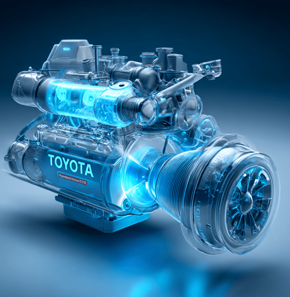 Motor de hidrógeno futurista de Toyota con diseño transparente y componentes iluminados, representando tecnología avanzada y movilidad sostenible