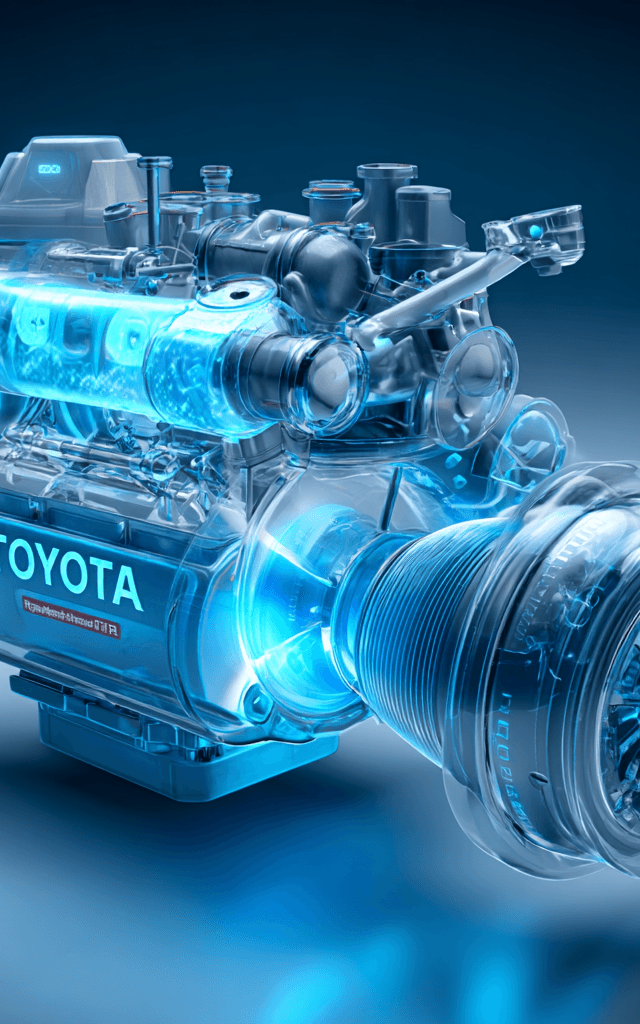 Motor de hidrógeno futurista de Toyota con diseño transparente y componentes iluminados, representando tecnología avanzada y movilidad sostenible