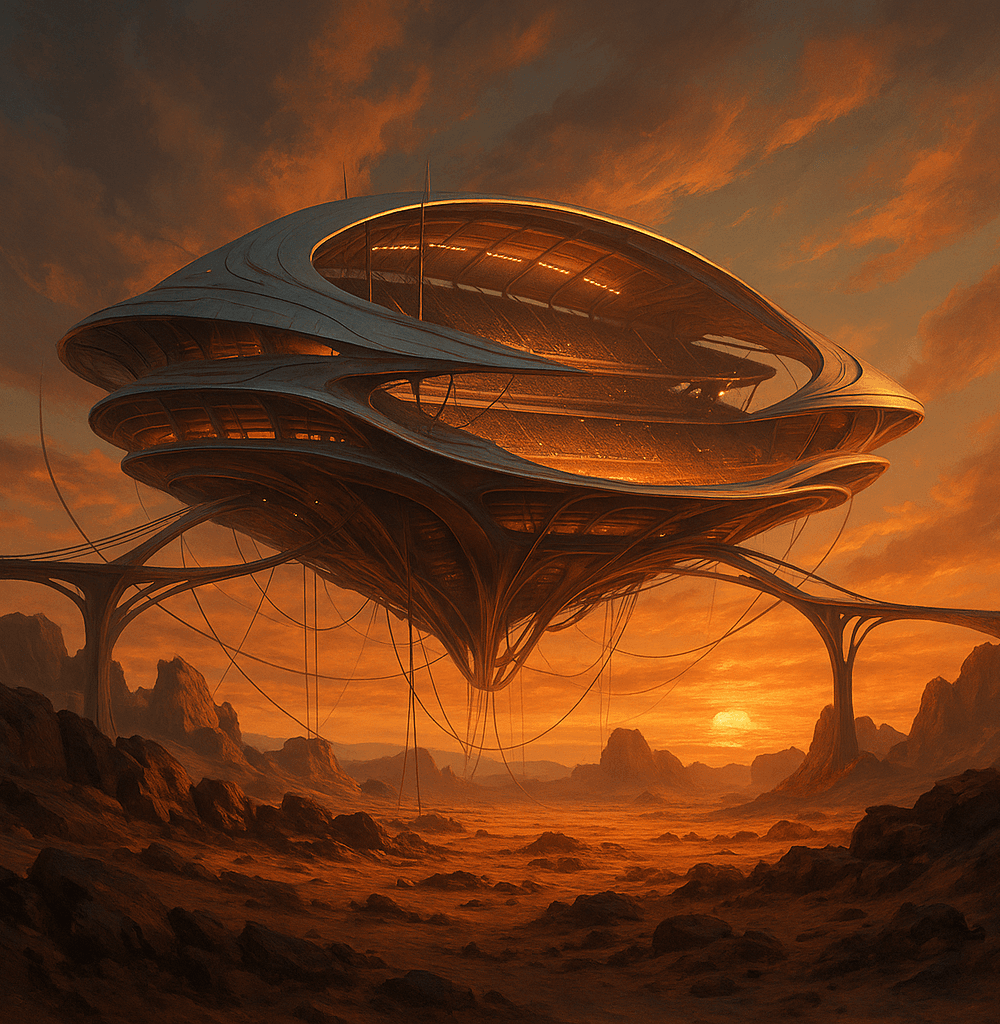 NEOM Stadium conceptual suspendido sobre desierto futurista