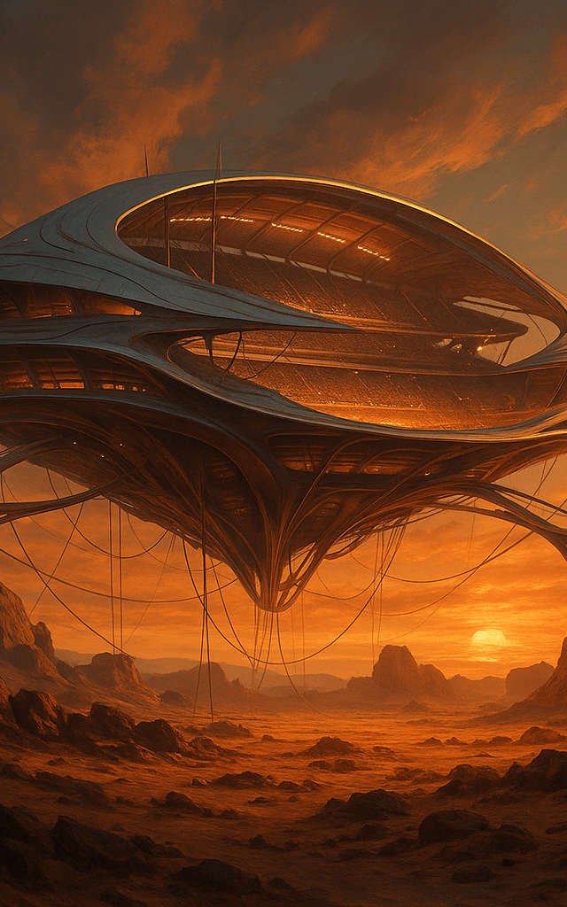 NEOM Stadium conceptual suspendido sobre desierto futurista