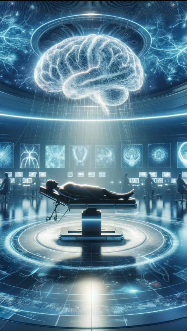 Imagen de una sala de operaciones futurista con una figura humana tumbada en una camilla central y una representación holográfica de un cerebro humano suspendido sobre ella apunto de realizar un implante de un chip cerebral