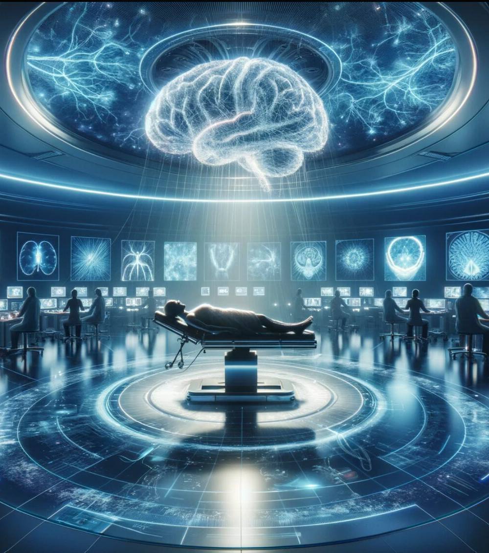 Imagen de una sala de operaciones futurista con una figura humana tumbada en una camilla central y una representación holográfica de un cerebro humano suspendido sobre ella apunto de realizar un implante de un chip cerebral