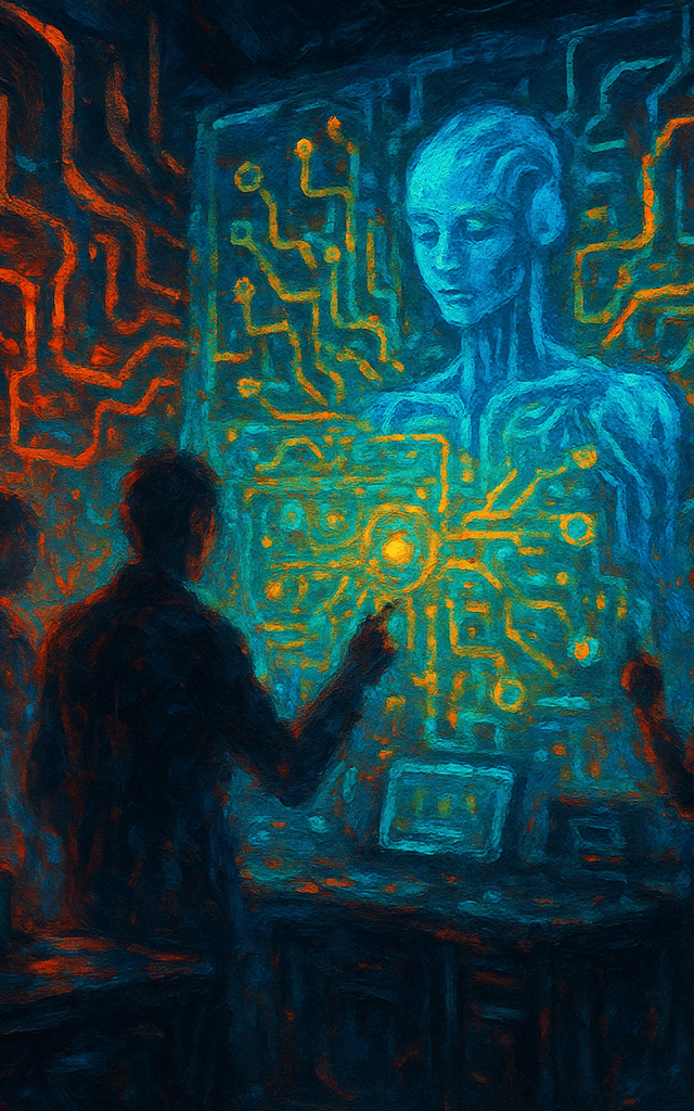 Nueva estrategia de OpenAI ilustrada en laboratorio futurista
