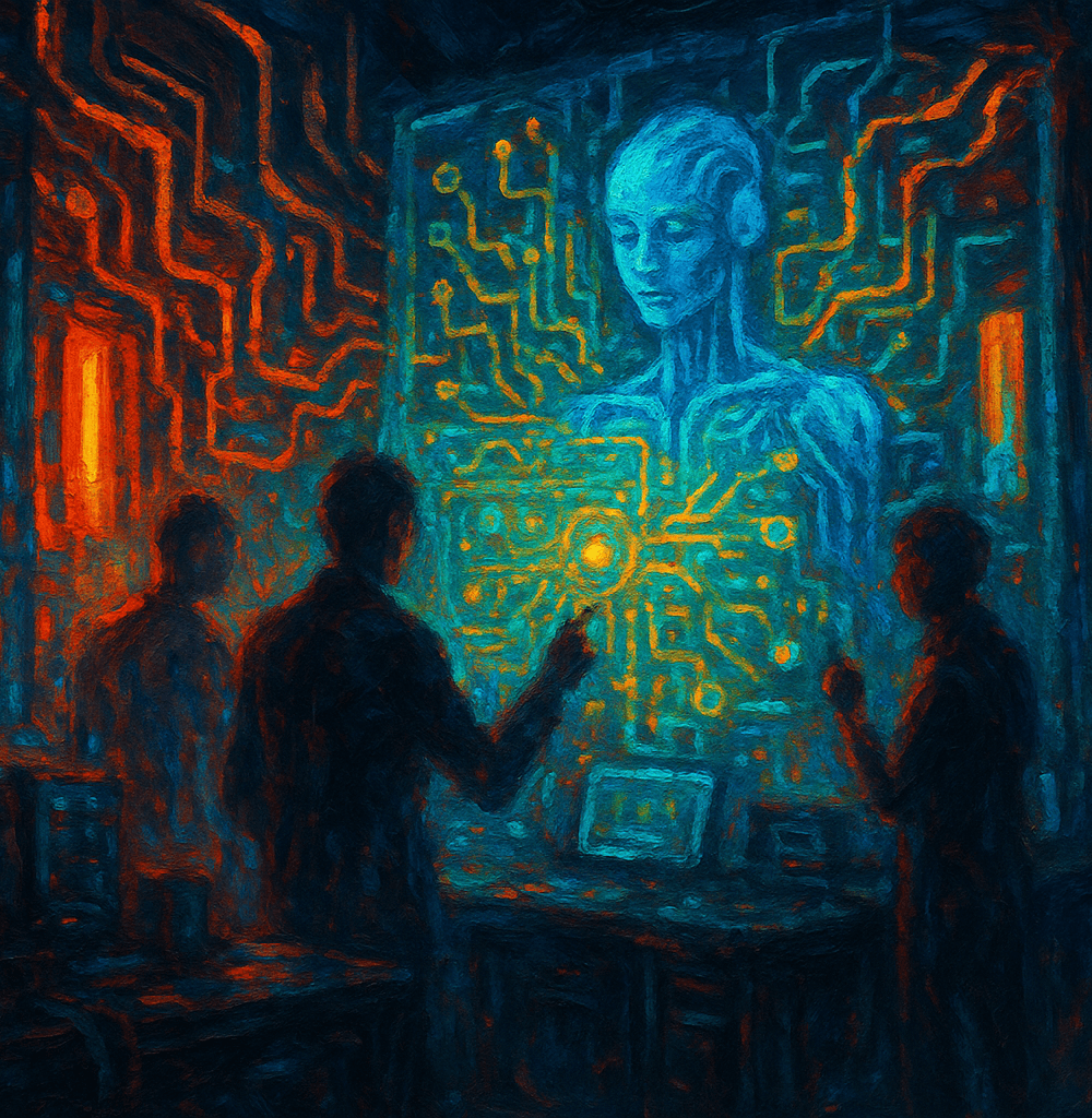 Nueva estrategia de OpenAI ilustrada en laboratorio futurista