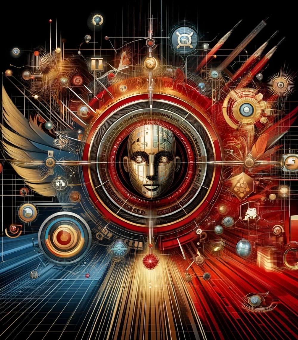 magen que representa las características innovadoras de GPT-4o de OpenAI, utilizando una paleta de colores de rojo, oro y negro para un aspecto impactante y poderoso.
