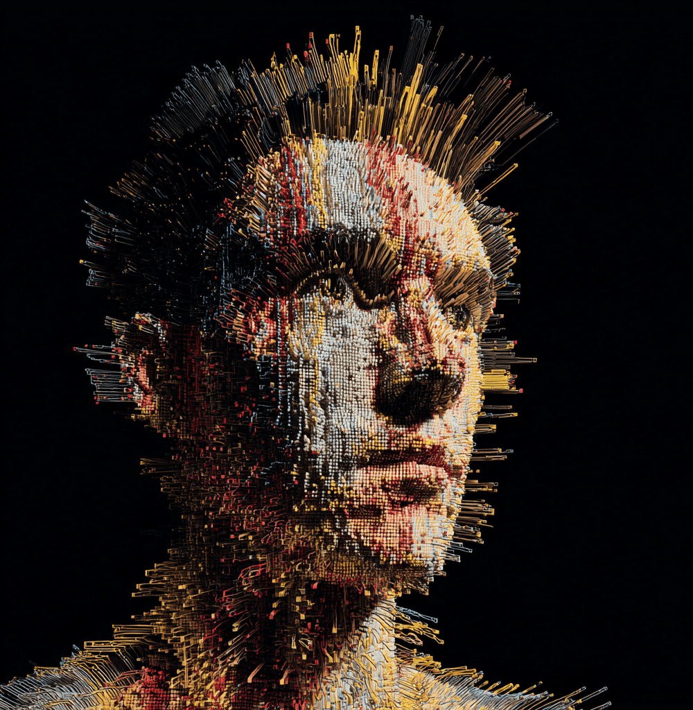 Retrato abstracto de un rostro humano formado por miles de datos en forma de píxeles tridimensionales y líneas de colores, simbolizando el poder del open data en la inteligencia artificial