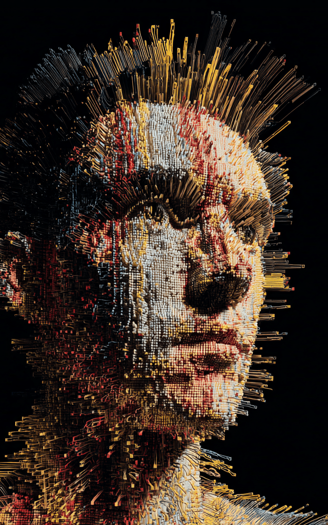 Retrato abstracto de un rostro humano formado por miles de datos en forma de píxeles tridimensionales y líneas de colores, simbolizando el poder del open data en la inteligencia artificial