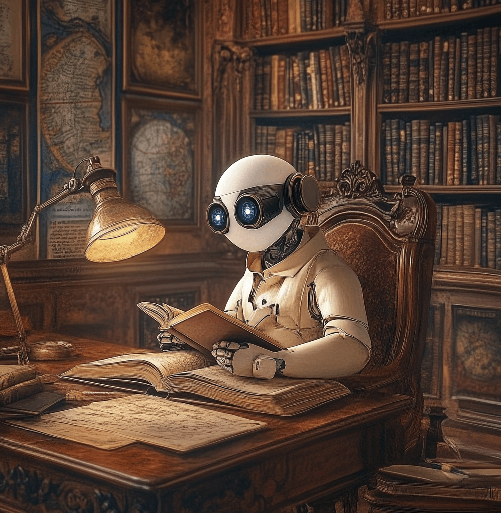 Robot haciendo deep research con aspecto retrofuturista leyendo un libro en un despacho renacentista, rodeado de estanterías llenas de libros antiguos y mapas, con una lámpara iluminando la escena