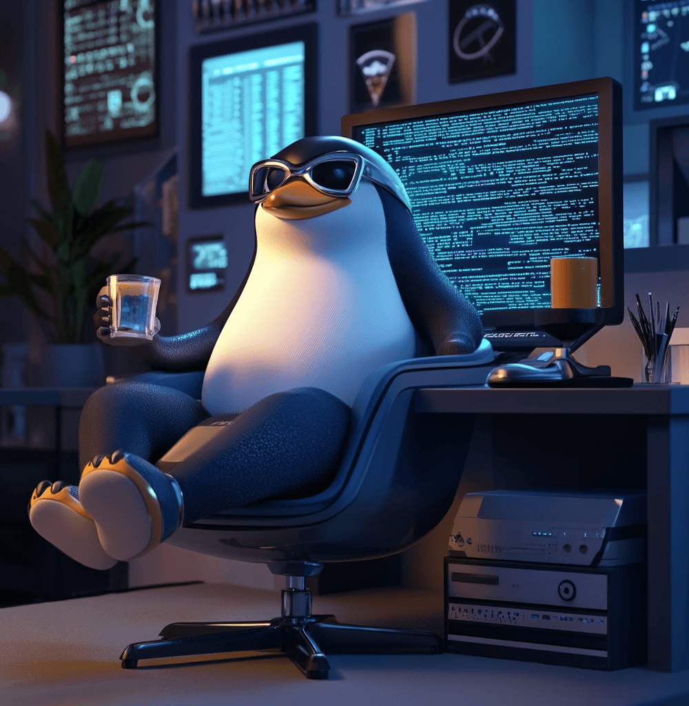 Pingüino relajado con gafas de sol, disfrutando una bebida mientras su ordenador trabaja solo, mostrando líneas de código en la pantalla. Un ambiente futurista y tecnológico que representa la automatización y la inteligencia artificial