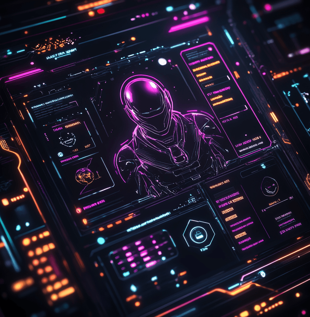 Interfaz futurista que muestra un menú de personalización de ChatGPT con opciones como apodo, profesión y rasgos de personalidad, diseño ciberpunk