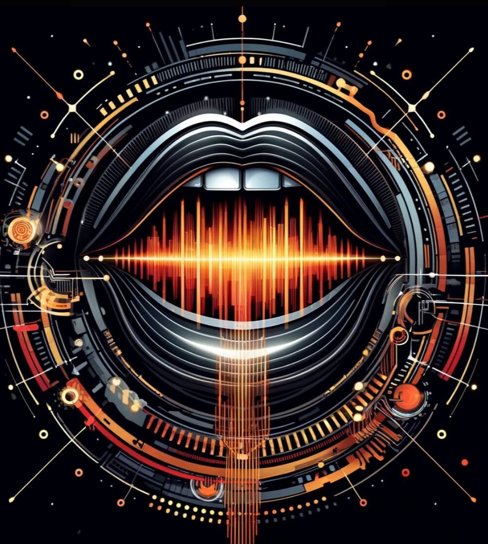 Ilustración abstracta de boca abierta con onda de sonido digital en naranja y amarillo, rodeada de detalles de estilo tecnológico en tonos oscuros con toques de naranja y amarillo, sobre fondo negro
