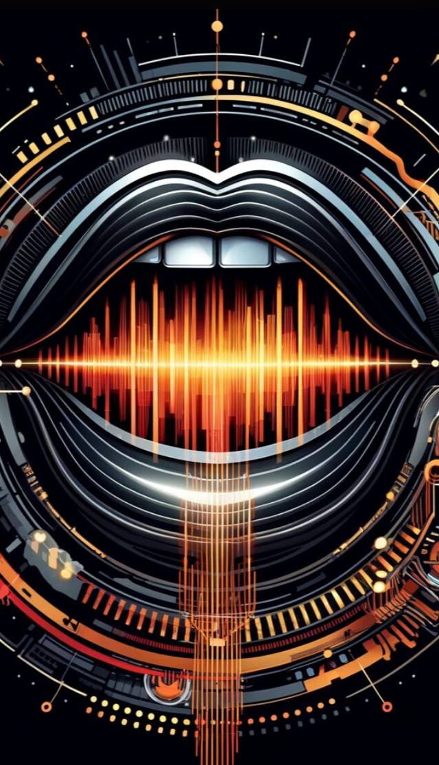 Ilustración abstracta de boca abierta con onda de sonido digital en naranja y amarillo, rodeada de detalles de estilo tecnológico en tonos oscuros con toques de naranja y amarillo, sobre fondo negro