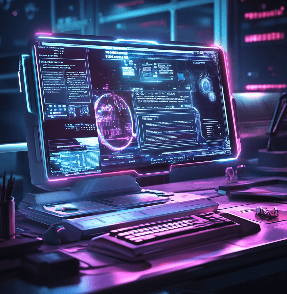 Computer-Using Agent (CUA) operando en una computadora futurista con una interfaz digital avanzada, ejecutando tareas de forma autónoma. La pantalla brilla con tonos neón, mostrando gráficos, código y análisis de datos, representando la automatización con inteligencia artificial