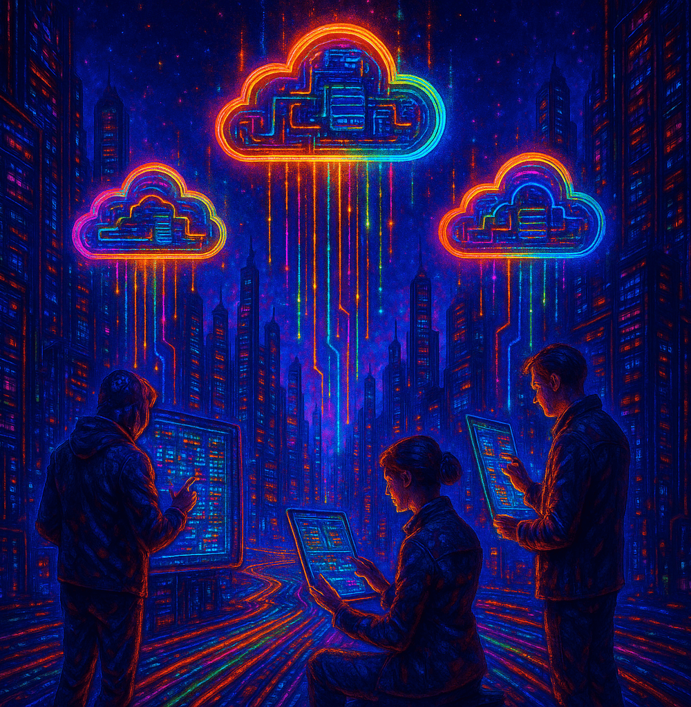 Ilustración digital de una ciudad futurista estilo cyberpunk, con servidores en forma de nubes brillantes flotando en el cielo, datos multicolores fluyendo a través de redes de fibra óptica, y humanos interactuando con interfaces holográficas en un entorno lleno de luces de neón y tecnología avanzada