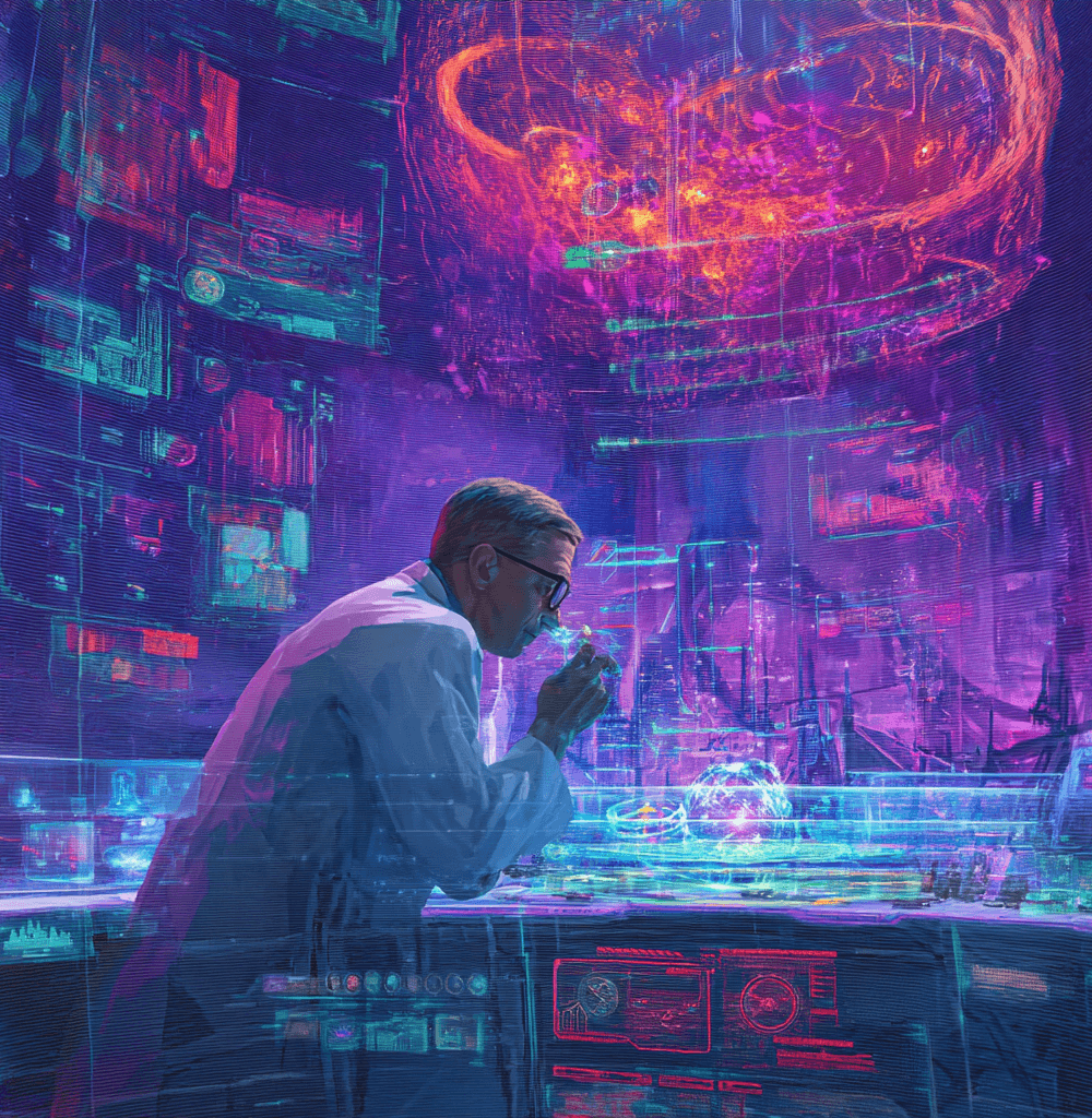 Investigador futurista analizando datos holográficos en un laboratorio digital con tecnología avanzada, rodeado de pantallas flotantes y gráficos cibernéticos en un entorno de estilo cyberpunk