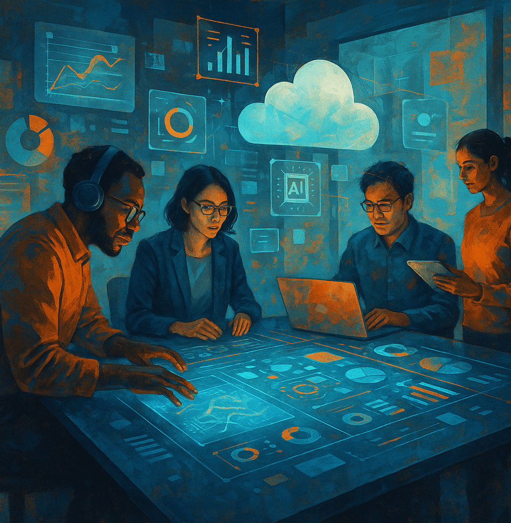 Equipo colaborando en estrategia de transformación digital con paneles de datos