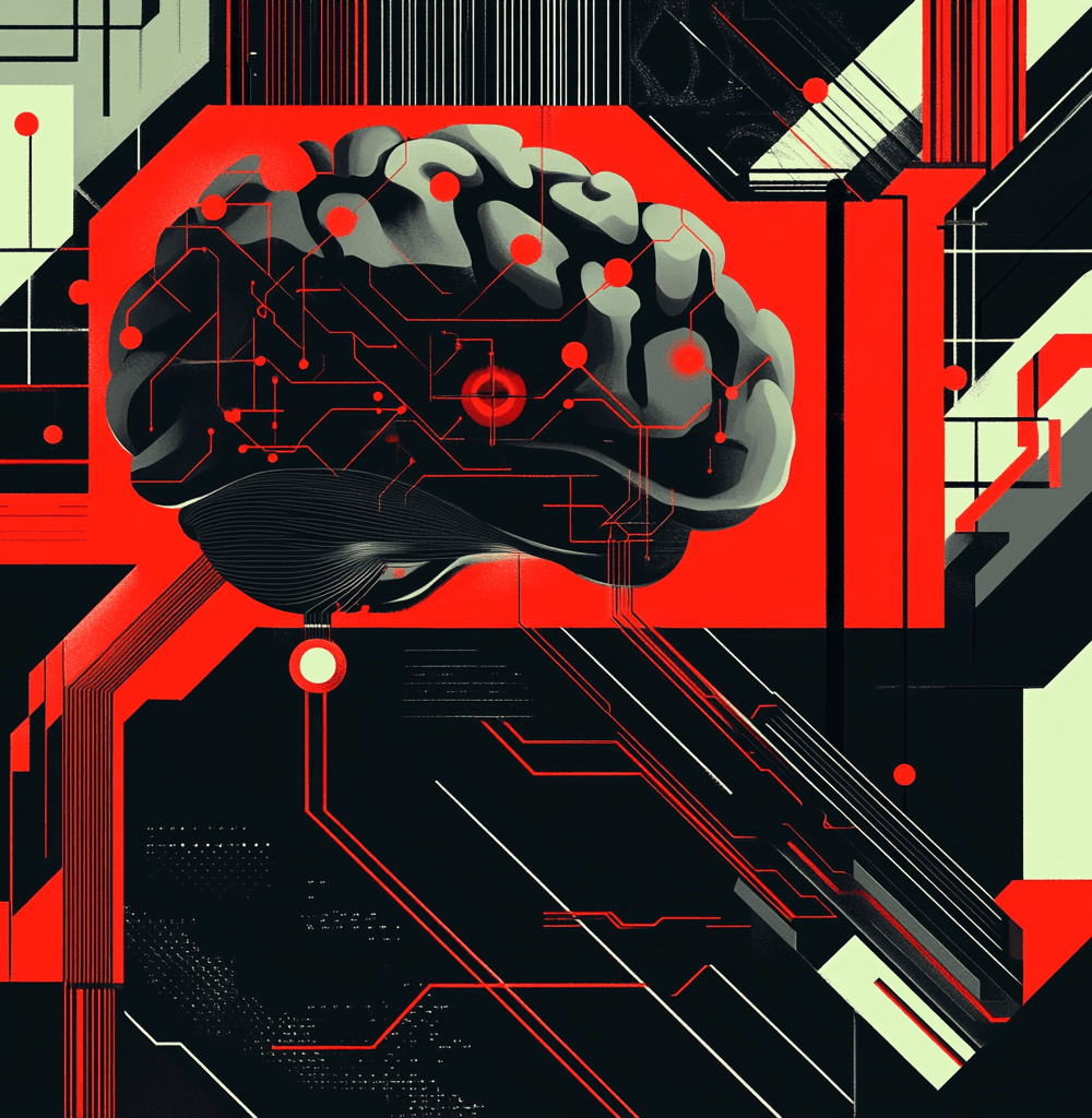 Ilustración en estilo constructivista representando el funcionamiento de las redes neuronales artificiales con un cerebro digital interconectado a circuitos, simbolizando la inteligencia artificial y el aprendizaje automático