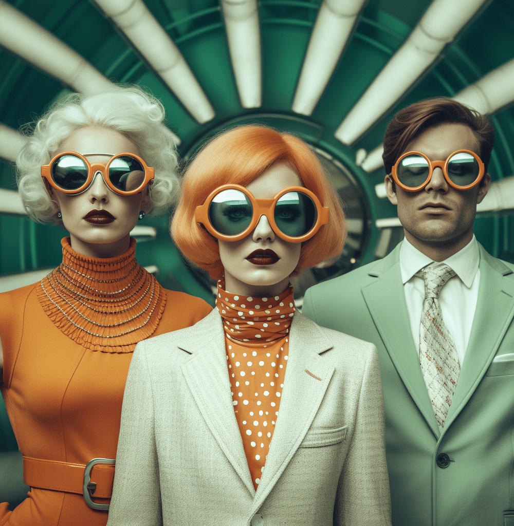personas con gafas retro en un entorno futurista