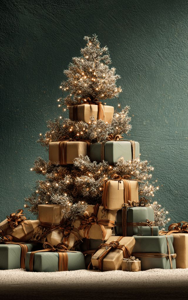 árbol de Navidad decorado con luces cálidas rodeado de numerosos regalos envueltos en tonos dorados y verdes sobre un fondo elegante con regalos de navidad