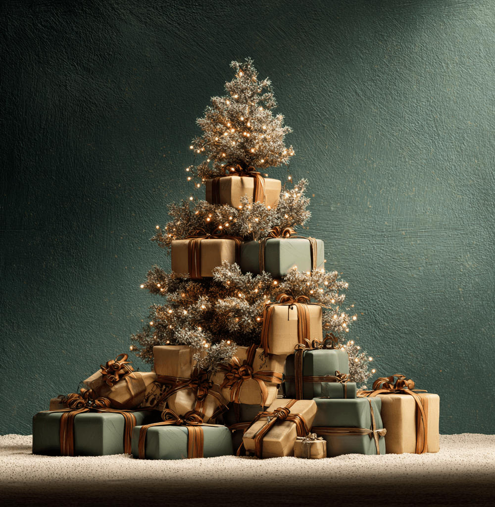árbol de Navidad decorado con luces cálidas rodeado de numerosos regalos envueltos en tonos dorados y verdes sobre un fondo elegante con regalos de navidad