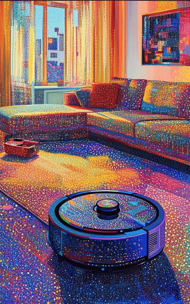 Ilustración puntillista de un robot aspirador inteligente limpiando un salón moderno y colorido, con una iluminación vibrante y un efecto artístico de miles de diminutos puntos de colores