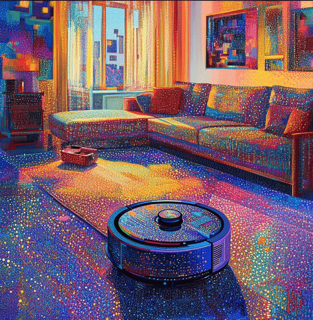 Ilustración puntillista de un robot aspirador inteligente limpiando un salón moderno y colorido, con una iluminación vibrante y un efecto artístico de miles de diminutos puntos de colores