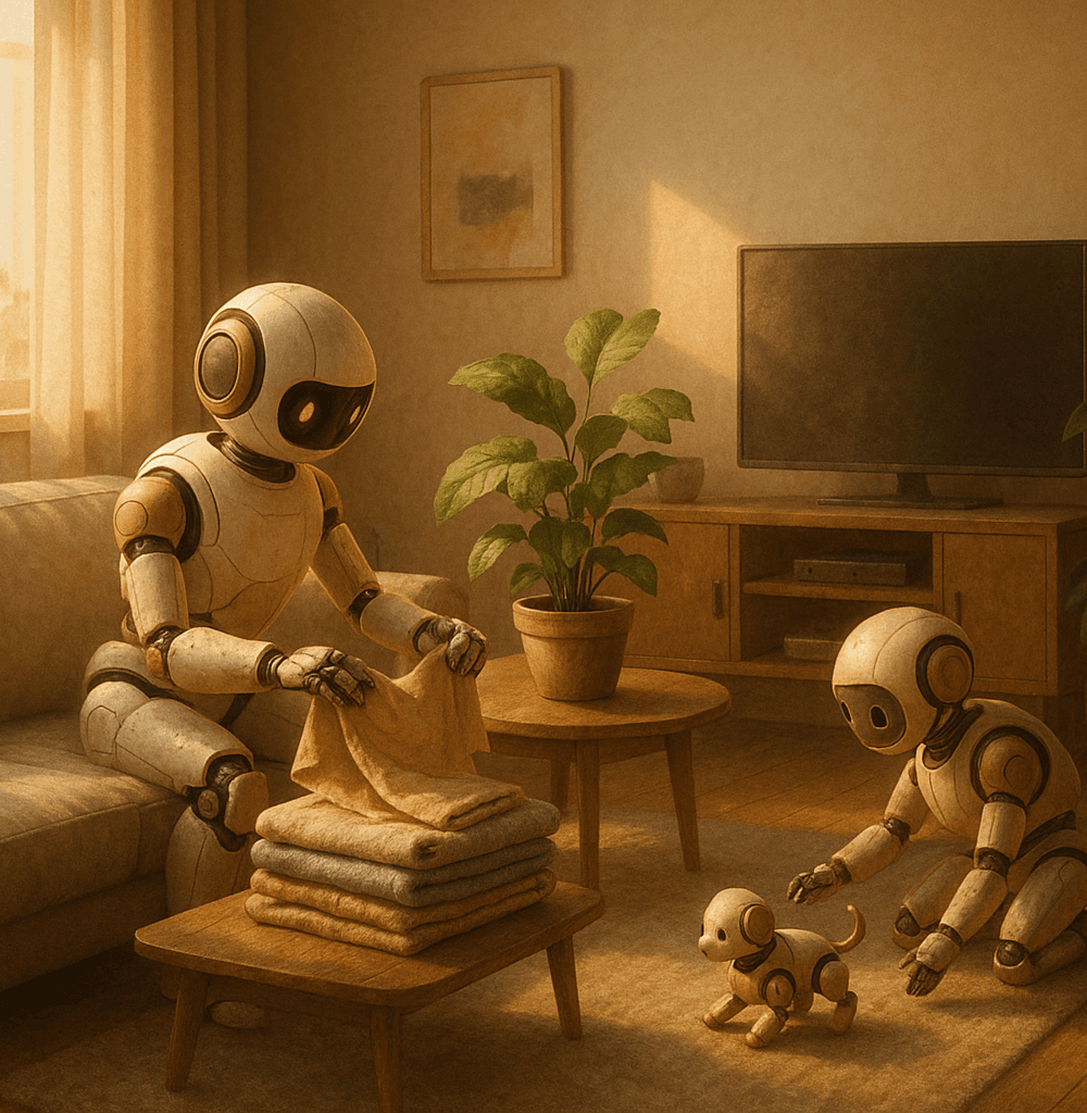 Robots domésticos en un salón futurista interactuando con humanos