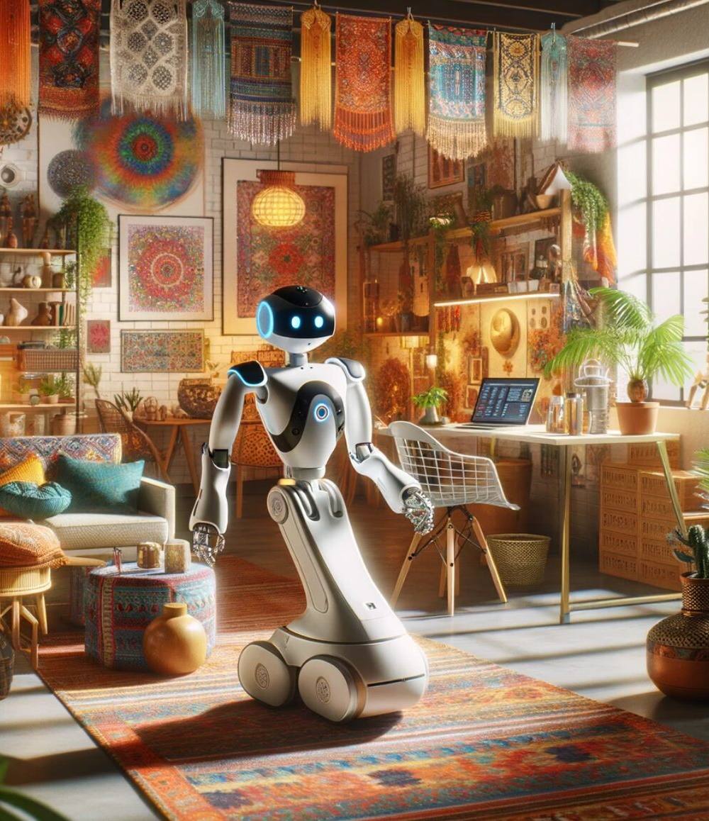 Robot autónomo estilo humanoide en una sala de estar bohemia con decoración ecléctica y colorida, incluyendo tapices colgantes, alfombras persas y plantas verdes, simbolizando la integración de la tecnología avanzada en la vida cotidiana hogareña