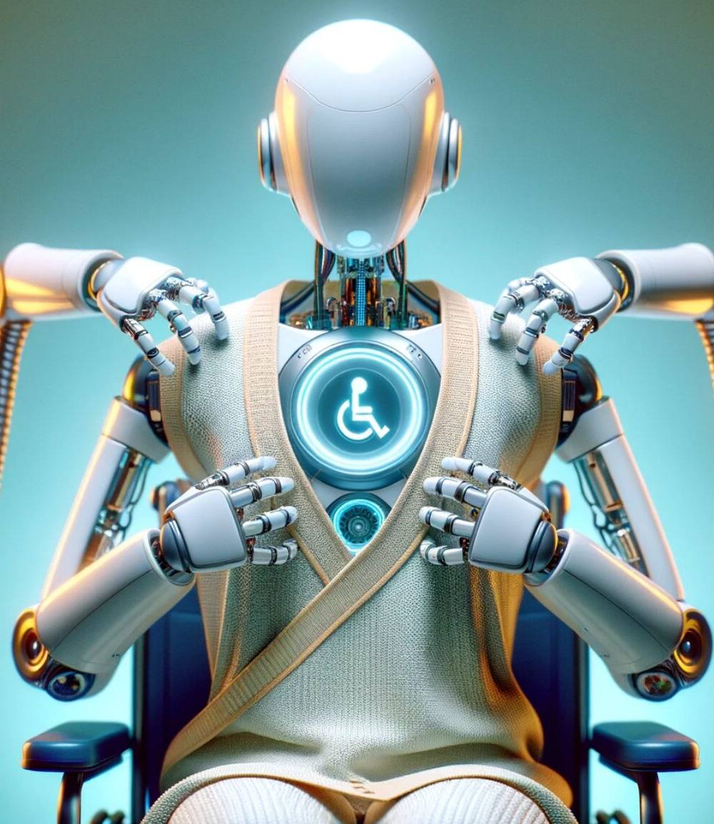 Robot futurista sentado con icono de accesibilidad en el pecho iluminado, rodeado de cables, simbolizando la tecnología asistiva